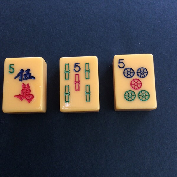 Vintage Upcycled Mahjong Tile Magnet Set of 3 Five Dot Bamboo Character 5 GI