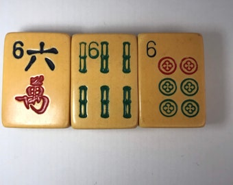 Vintage Upcycled Mahjong Tile Magnet Set of 3 Six Dot Bamboo Character 6 GI
