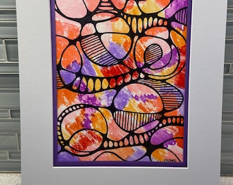 Original Art Neuro Sunset Red Pink Orange Purple Matted Ready to Frame 11x14 GI