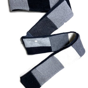 Repurposed Felted Wool Patchwork Scarf Black Gray 3&quot; x 95&quot; Upcycled Sweaters MMP