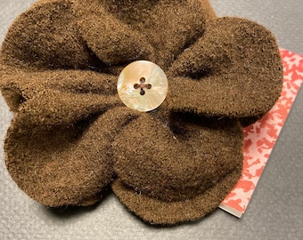 Upcycled Sweater Felted Wool Brown Flower Pin Brooch One Of A Kind GI