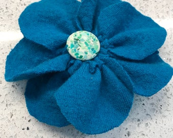 Reclaimed Sweater Felted Wool Turquoise Blue Oversized Flower Pin Brooch One Of A Kind GI