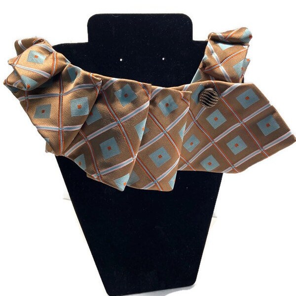 Upcycled Necktie Bold Statement Necklace Collar Pleated Reclaimed Repurposed Brown GI