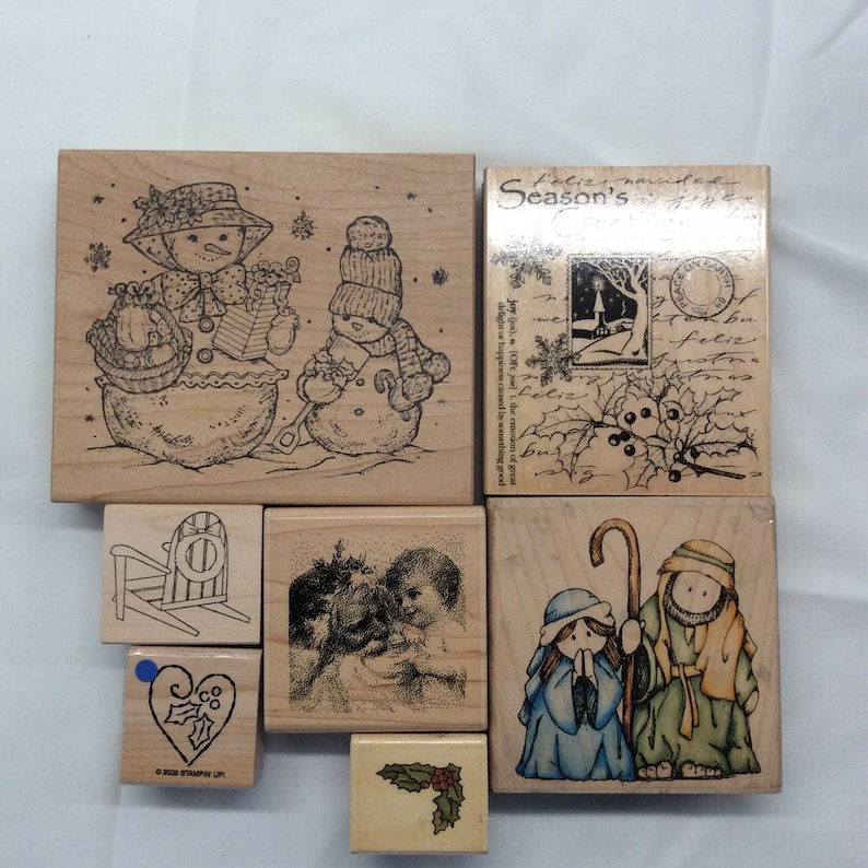 Christmas Wood Mounted Rubber Stamps Lot of 7 Snowman Santa Etsy