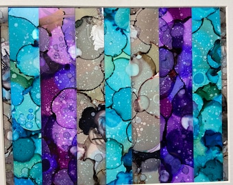 Alcohol Ink Strip Art: Purple Teal Silver, Matted 11x14