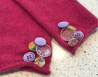 Fingerless Glove Wrist Arm Warmer Magenta Pink Handmade Repurposed Felted Wool Sweater GI
