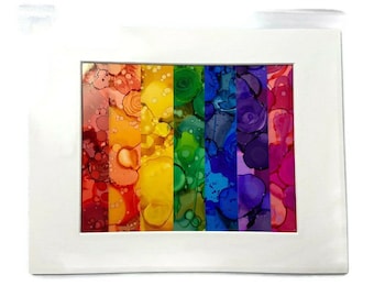 Alcohol Ink Rainbow Art, Matted 11x14, Ready to Frame