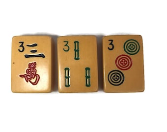 Vintage Upcycled Mahjong Tile Magnet Set of 3 Three Dot Bamboo Character GI