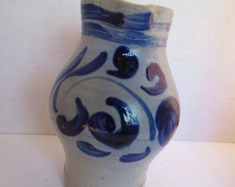 Hand painted cobalt blue decorated  stoneware jug for serving or pretty on shelf