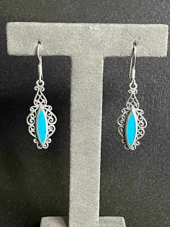 Vintage Sterling Silver Turquoise Teardrop Earrings, Filigree Dangle Jewelry
