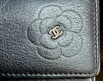 Authentic Chanel Black Leather Bifold Wallet, 7 Card Slots, Camelia