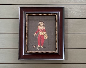Vintage Needlepoint Framed Portrait - Little Boy In Red - Francisco Goya