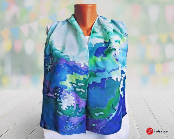 Sea Scarf Blue Scarf Ocean Waves Summer Blue Scarf Long Silk Scarf Marine Motifs Ocean Painting Boutique Accessory Nautical Beach