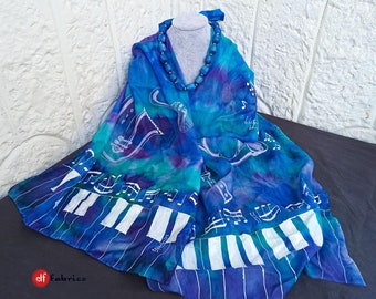 Set of scarf and necklace, Blue Piano scarf, Music silk shawl, Blue silk necklace, colorful beaded jewelry, Blue and silver, Holiday gifts