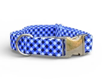 Collier pour chien fait main en vichy bleu - Coton à carreaux classique, résistant