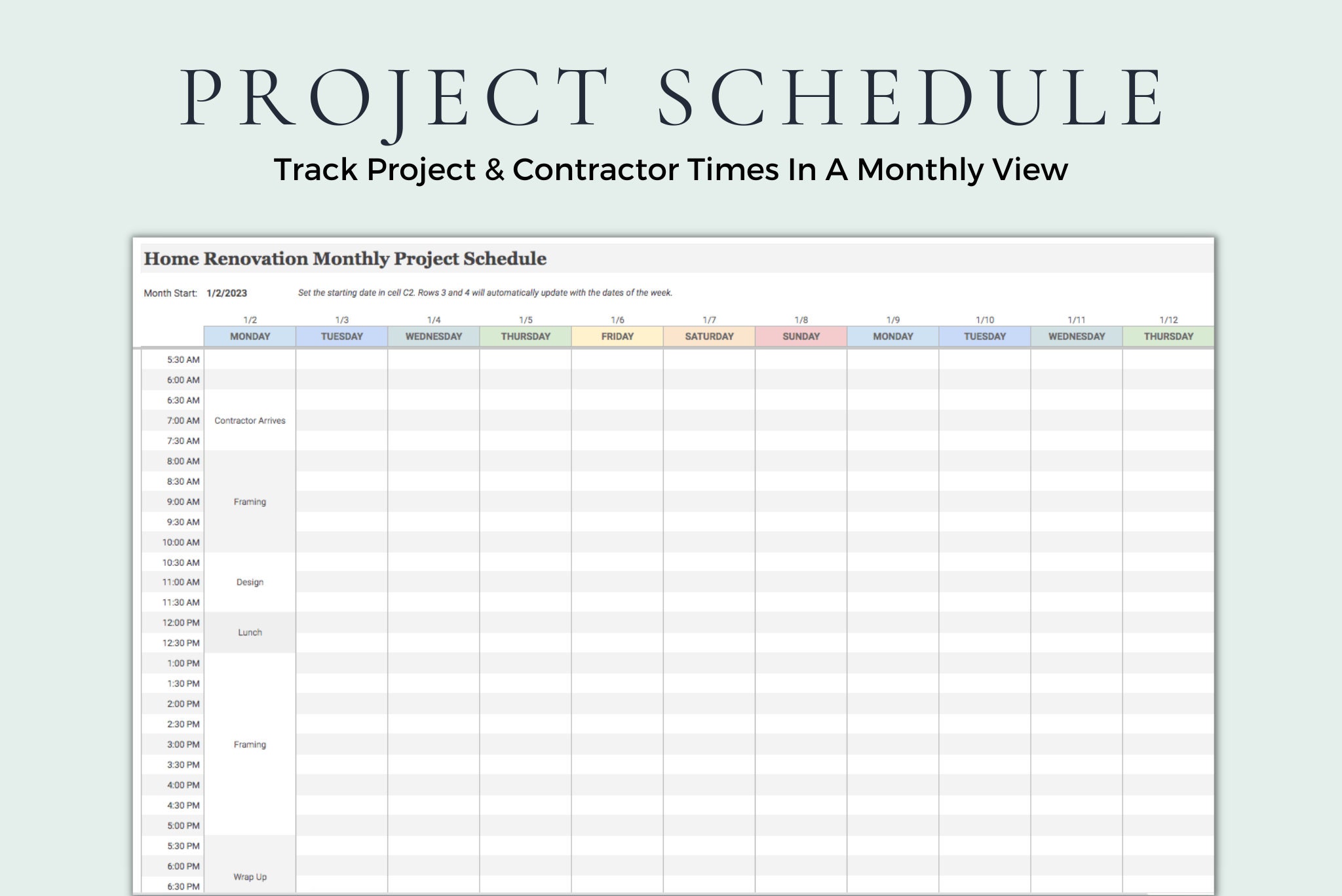 Home renovation monthly project schedule showing tasks and contractor time slots