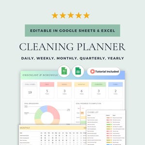 Planificador de limpieza editable con lista de verificación, tabla de tareas y cronograma de limpieza: Hojas de cálculo de Google y Excel