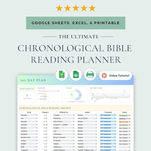 May include: A digital planner with the text "THE ULTIMATE CHRONOLOGICAL BIBLE READING PLANNER." The planner includes a 365-day plan, charts, and icons for Google Sheets, Excel, and printing. A video tutorial is also available.