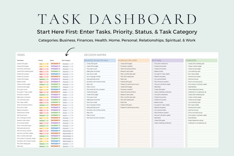 Eisenhower Matrix Decision Matrix Priority Matrix Google Sheets Template Excel Spreadsheet Excel Template Project Management Tool Task Tracker Task Priority Tracker To Do List Productivity Planner