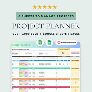 Project Tracker with Project Timeline, Gantt Chart, and Task Tracker: Google Sheets & Excel Template (Digital Download)