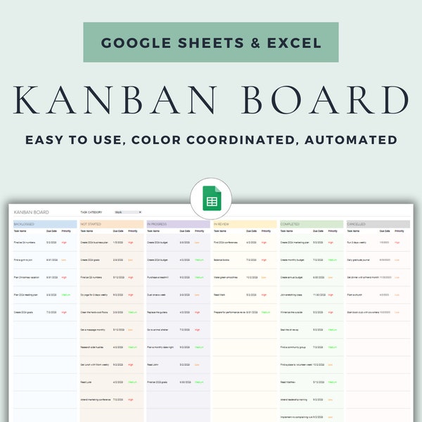 Kanban Project Management Spreadsheet, Google Sheets Task Tracker and ...