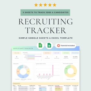 Può includere: Un modello di monitoraggio del reclutamento per Google Sheets e Excel, con il testo "Recruiting Tracker" in grande. L'immagine include grafici per monitorare lavori e candidati. Il modello include un tutorial.