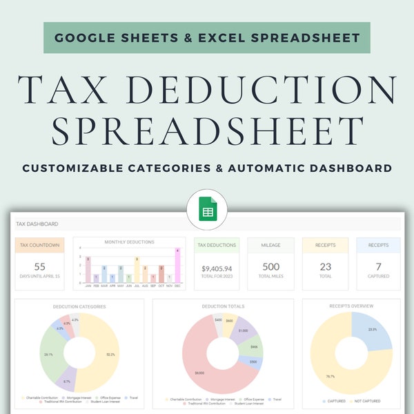 Tax Deduction Google Sheets & Excel Spreadsheet Tax Spreadsheet Tax Tracker Sheet Tax Planner Tax Organizer Business Spreadsheet Tax Log