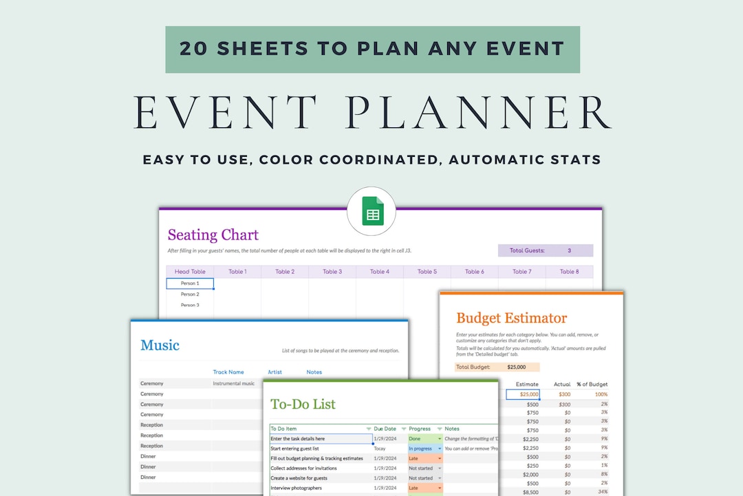 Event Planning Google Sheets Excel Template Event Planner Party Planner ...