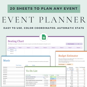 Pianificazione eventi Fogli Google Modello Excel Organizzatore di eventi Pianificatore di feste Pianificatore digitale Pianificatore di compleanni Tracker di eventi Pianificatore di matrimoni