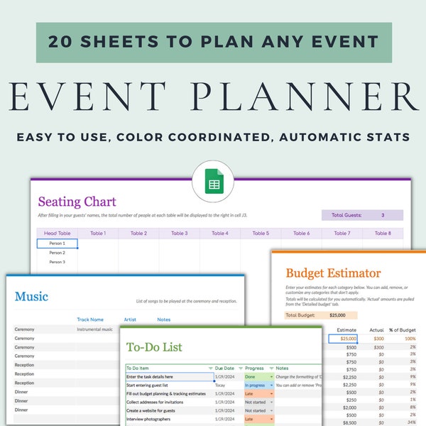 Event Planning Google Sheets Excel Template Event Planner Party Planner Digital Planner Birthday Planner Event Tracker Wedding Planner