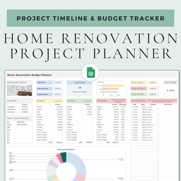 Renovation Planner Google Sheets Home Project Planner Excel Spreadsheet Remodel Planner Budget Planner DIY Planner Printable Planner