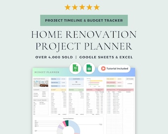 Planificador de reformas y presupuesto para reformas del hogar: Plantilla de Hojas de cálculo de Google y hoja de cálculo de Excel