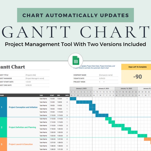 Gantt Chart Google Sheets Project Management Excel Template Task Tracker Project Timeline Business Planner Gantt Chart Template Digital Plan