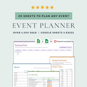 Planificador y rastreador de eventos: Plantilla de Hojas de Cálculo de Google y Hoja de Cálculo de Excel. Planificador de fiestas, cumpleaños y bodas.