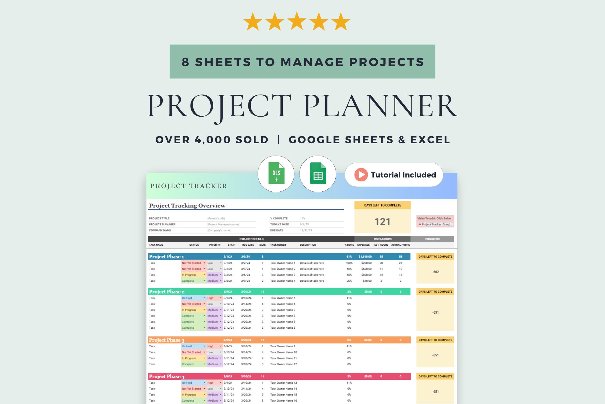 Seguimiento de proyectos con cronograma, diagrama de Gantt y seguimiento de tareas: Plantilla para Hojas de cálculo de Google y Excel (descarga digital)