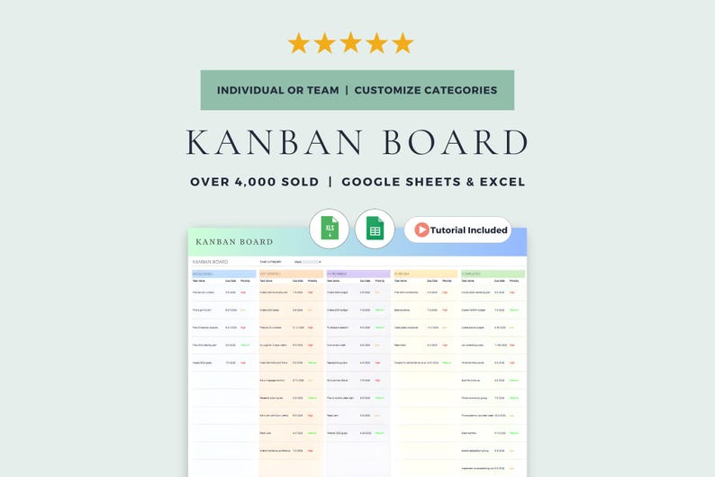Kanban Board Project Management Tool: Google Sheets Template & Excel ...