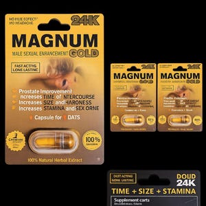 May include: A selection of male enhancement supplement packaging, branded as "MAGNUM GOLD" with a 24K logo. The packaging highlights benefits like increased stamina and includes capsules. Metric measurements are used.