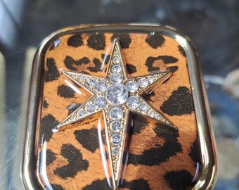 Avon 1990 Leopard Print Gold Tone 2 Mirror Compact Rhinestone New With Pouch