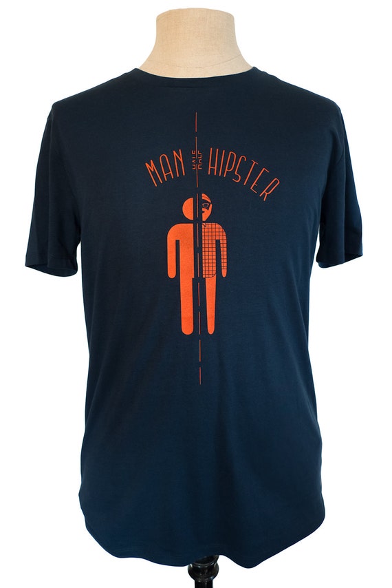 Half Man Half Hipster t shirt, dark blue with orange print, eco friendly, fair wear, by Poor Edward Half Man Half Hipster t shirt, dark blue with orange print, eco friendly, fair wear, by Poor Edward