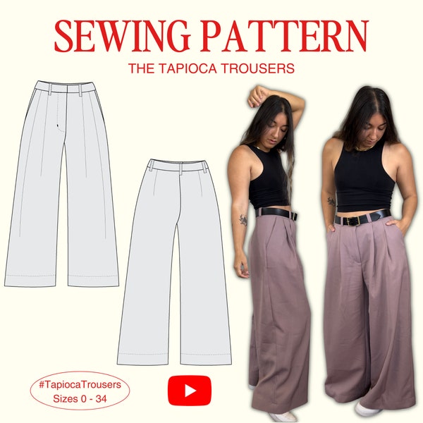 Patrón PDF Pantalones Tapioca, Tallas 0-34, Patrón de costura principiante + Vídeo tutorial, Pantalones anchos, Pantalones plisados, Pantalones anchos