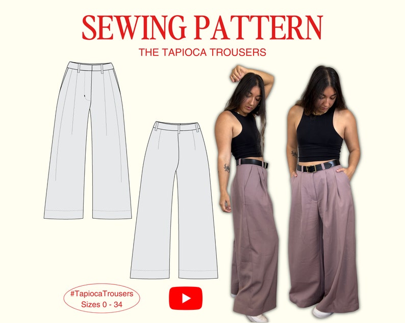 Tapioca Trousers PDF Pattern, Sizes 0-34, Beginner Sewing Pattern Video Tutorial, Wide Leg Pants, Pleated Trousers, Wide Leg Trousers image 1