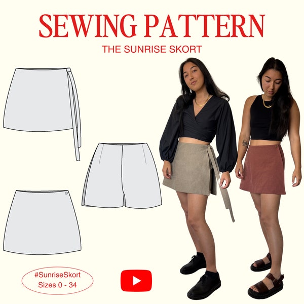 Patrón de costura Sunrise Skort PDF, tamaño incluido 0-34, apto para principiantes + video tutorial detallado, falda y pantalones cortos, falda cruzada, versátil