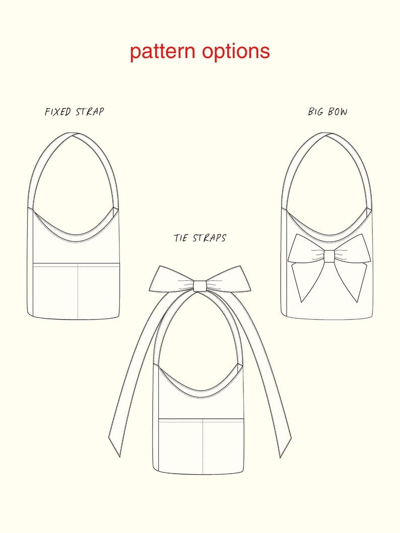 May include: Three handbag designs are illustrated, labelled "pattern options." The styles include a fixed strap, tie straps, and a big bow. Each bag features a rectangular pocket on the front.
