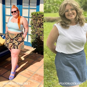 May include: Two women wearing different outfits. The woman on the left is wearing a striped blue and white crop top, a black and gold patterned skirt, and blue sandals. The woman on the right is wearing a white sleeveless top and a blue denim skirt. The text "@HOMEMADEHALBERT" is at the bottom left of the image and the text "@HANDMADEMANDY" is at the bottom right of the image.