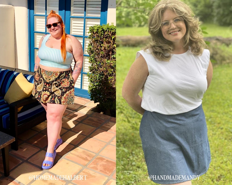 May include: Two women wearing different outfits. The woman on the left is wearing a striped blue and white crop top, a black and gold patterned skirt, and blue sandals. The woman on the right is wearing a white sleeveless top and a blue denim skirt. The text "@HOMEMADEHALBERT" is at the bottom left of the image and the text "@HANDMADEMANDY" is at the bottom right of the image.
