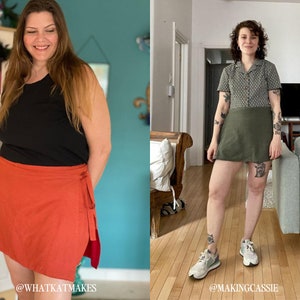 May include: Two women wearing different styles of wrap skirts. The woman on the left is wearing a red wrap skirt with a black tank top. The woman on the right is wearing a green wrap skirt with a patterned short-sleeved shirt. Both women are standing in their homes.