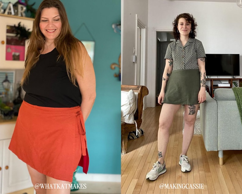 May include: Two women wearing different styles of wrap skirts. The woman on the left is wearing a red wrap skirt with a black tank top. The woman on the right is wearing a green wrap skirt with a patterned short-sleeved shirt. Both women are standing in their homes.