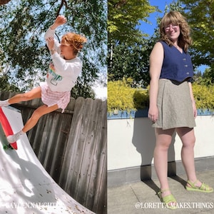 May include: Two women wearing different outfits. The woman on the left is skateboarding on a ramp. She is wearing a white long-sleeved shirt with a graphic print, a pink and white plaid skirt, and white socks. The woman on the right is standing on a sidewalk. She is wearing a blue sleeveless top with buttons, a brown skirt, and green sandals. The text "@SAYDENNALIGHT" is at the bottom left of the image and the text "@LORETTA MAKES.THINGS" is at the bottom right of the image.