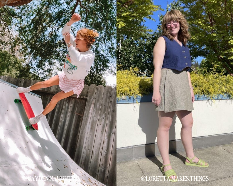 May include: Two women wearing different outfits. The woman on the left is skateboarding on a ramp. She is wearing a white long-sleeved shirt with a graphic print, a pink and white plaid skirt, and white socks. The woman on the right is standing on a sidewalk. She is wearing a blue sleeveless top with buttons, a brown skirt, and green sandals. The text "@SAYDENNALIGHT" is at the bottom left of the image and the text "@LORETTA MAKES.THINGS" is at the bottom right of the image.