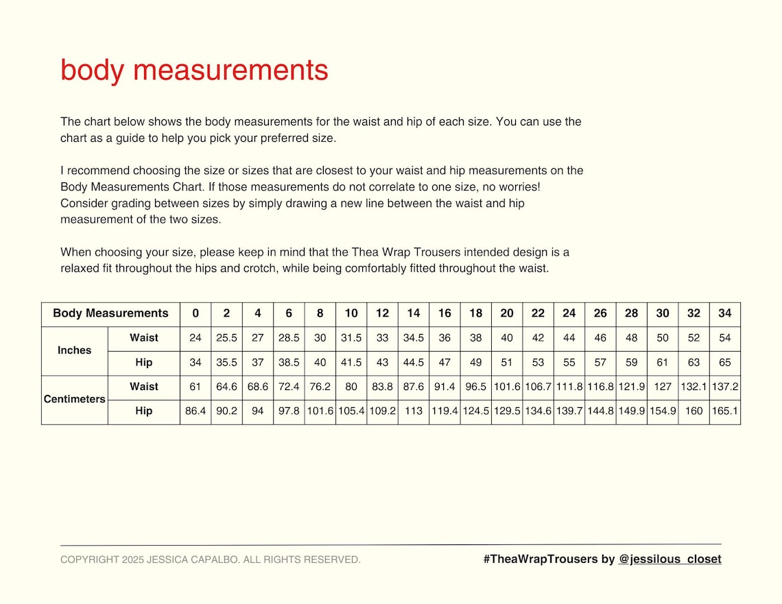 May include: A size chart for Thea Wrap Trousers, displaying waist and hip measurements in inches and centimetres. The chart ranges from size 0 to 34, with the title "body measurements".